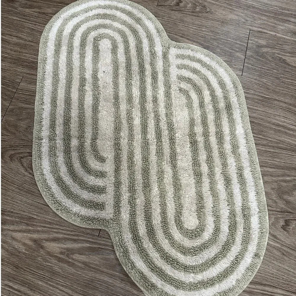 West Elm Swirl Runway Organic-Shape Bath Rug Sage Green 100% Cotton 23” x 37”
